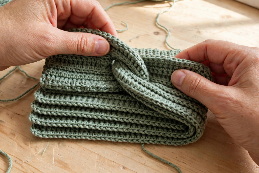 Folding the ends of the crochet headband pattern into the C-fold that creates the front twist
