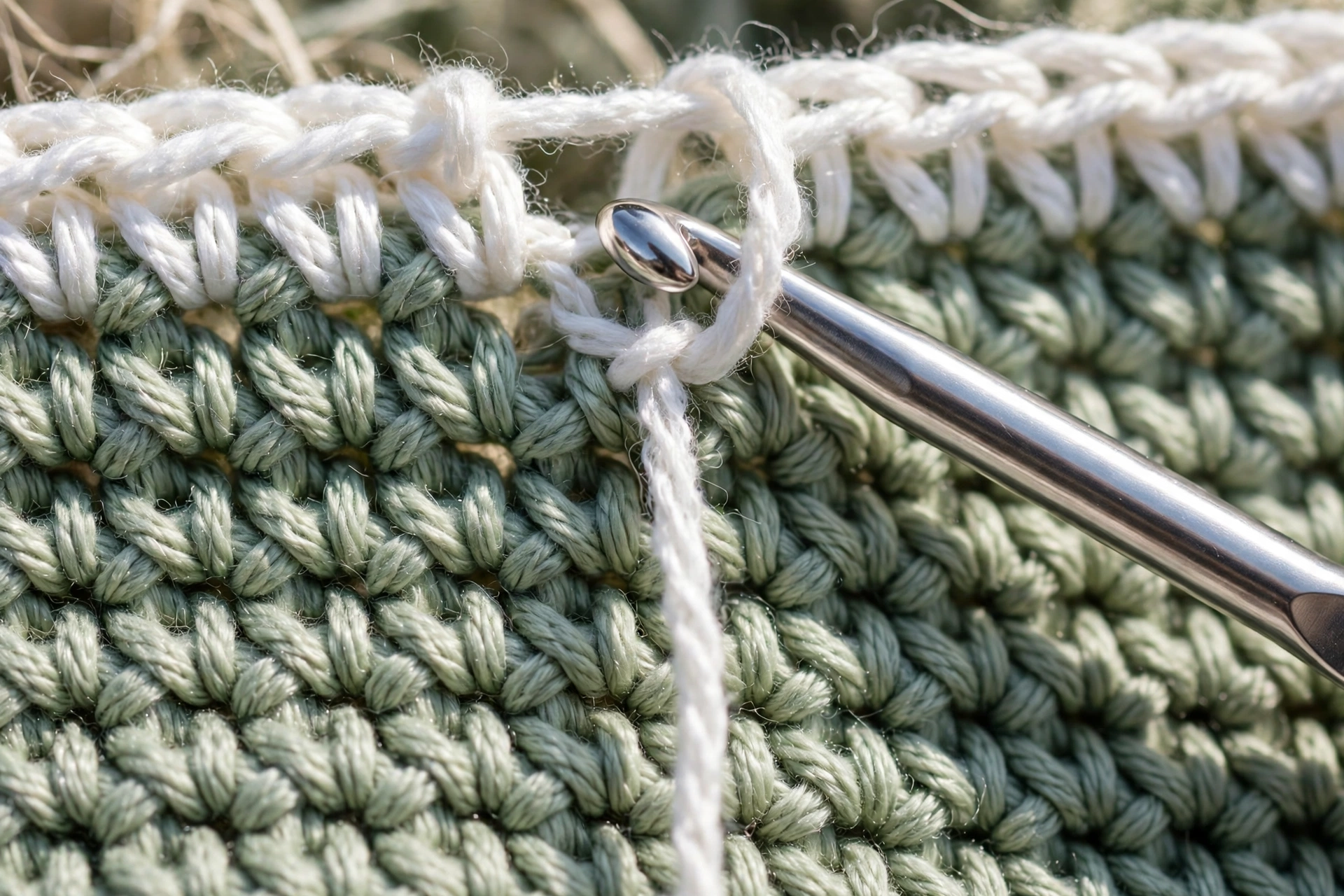 Working single crochet into the chain-one spaces in the moss stitch crochet pattern