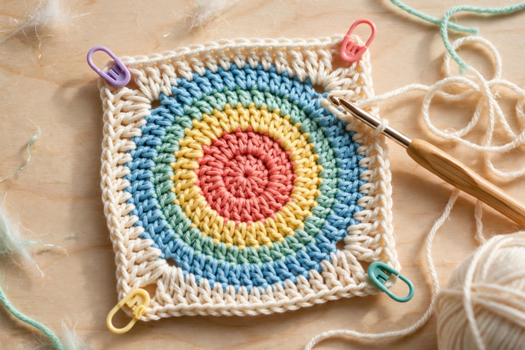 The cream squaring round turning a round stripy motif crochet pattern into a neat five inch square