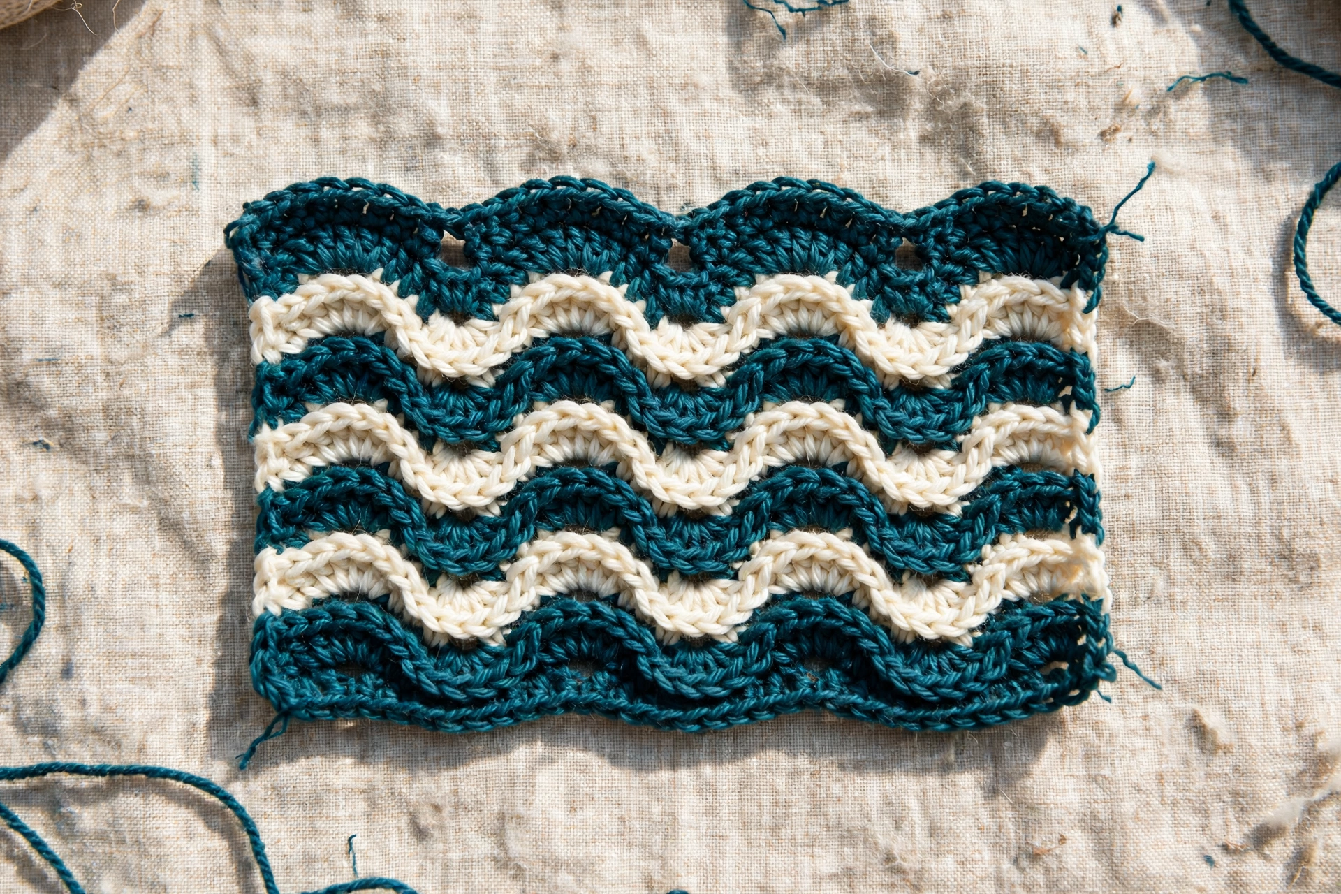 Offset crests forming the S-curves of the serpentine stitch crochet pattern in teal and cream stripes