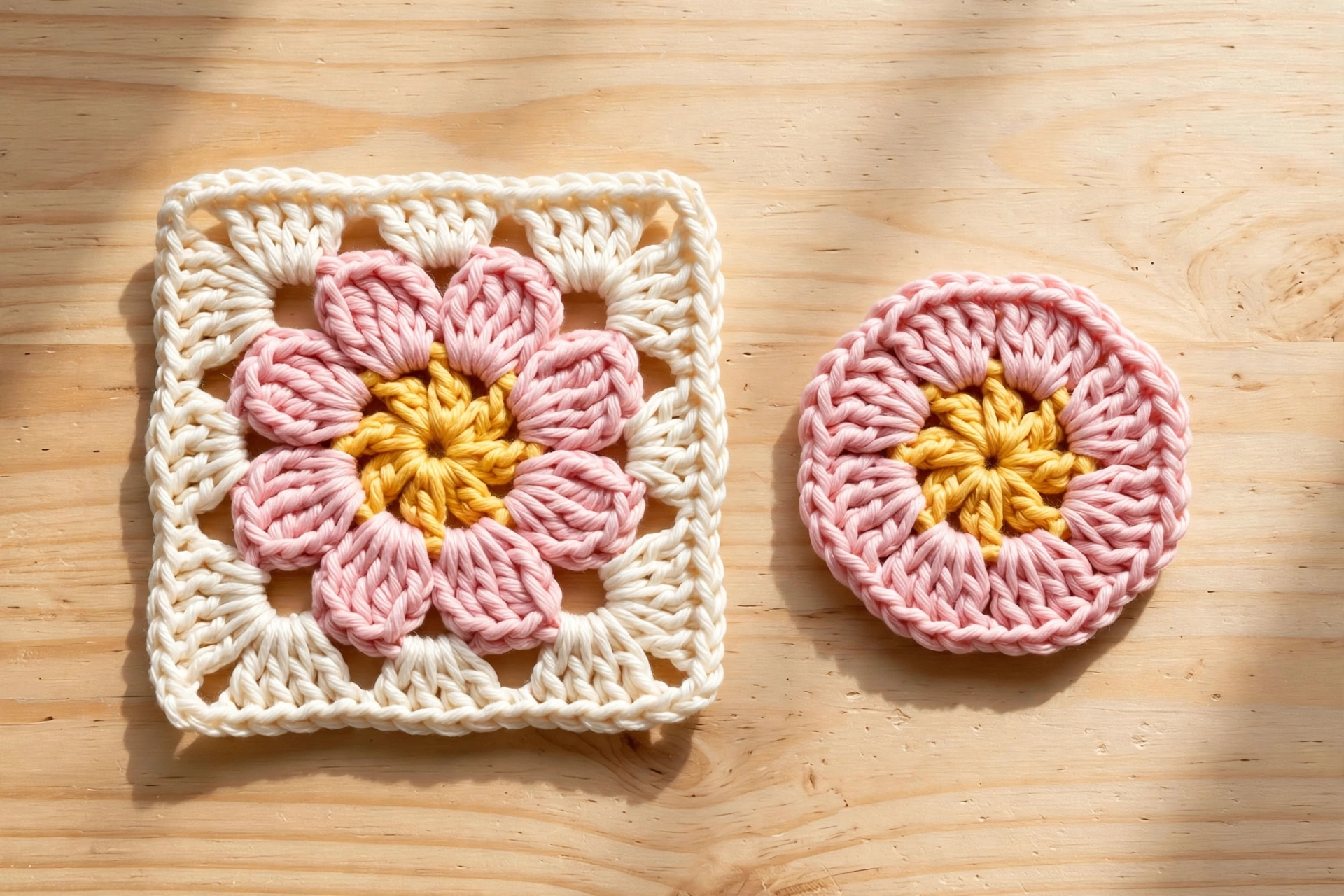 Round 3 squaring the flower motif in cream yarn for the flowers blanket crochet pattern