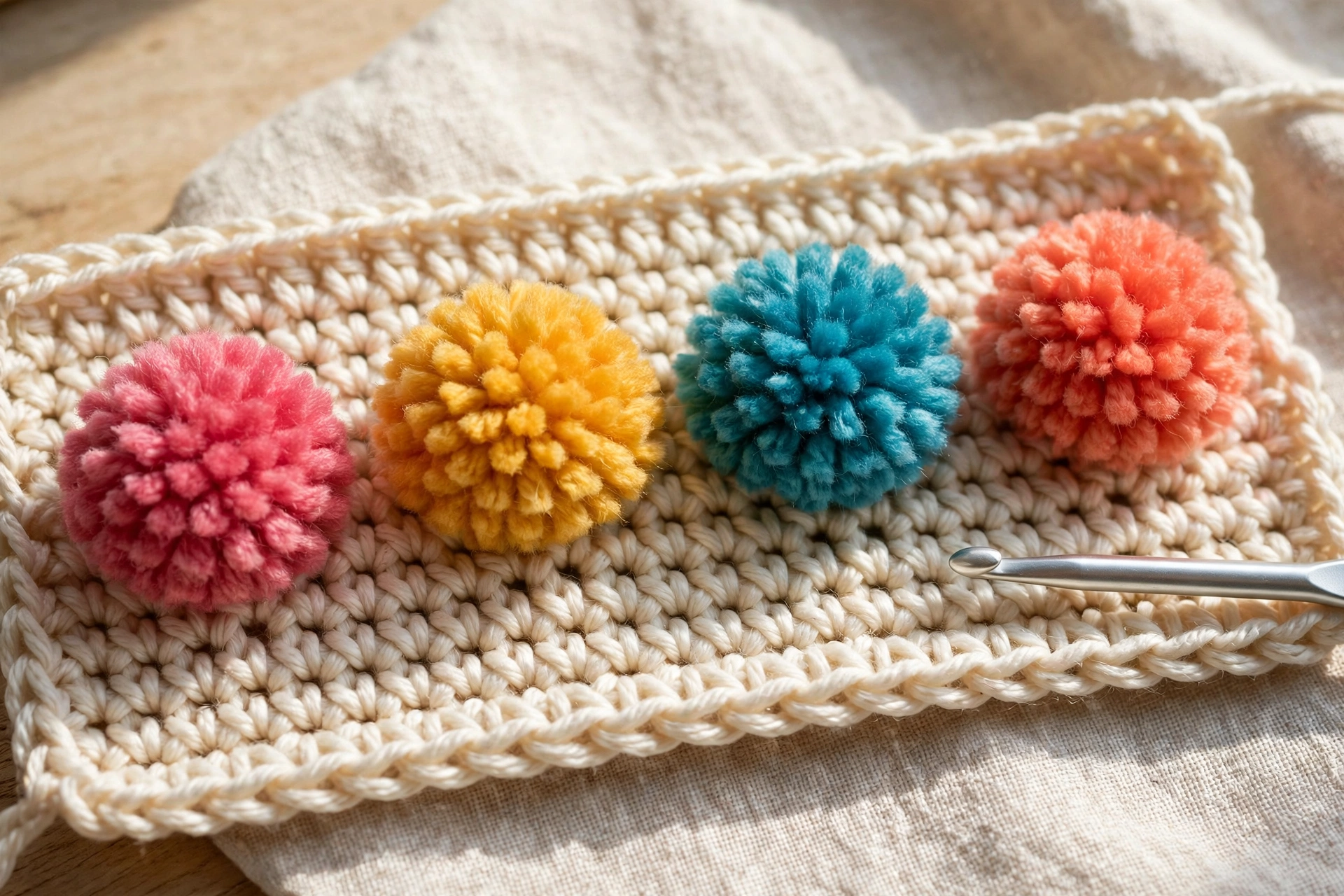 A pompom row worked stitch by stitch with colourful pompoms forming in the pompom stitch crochet pattern