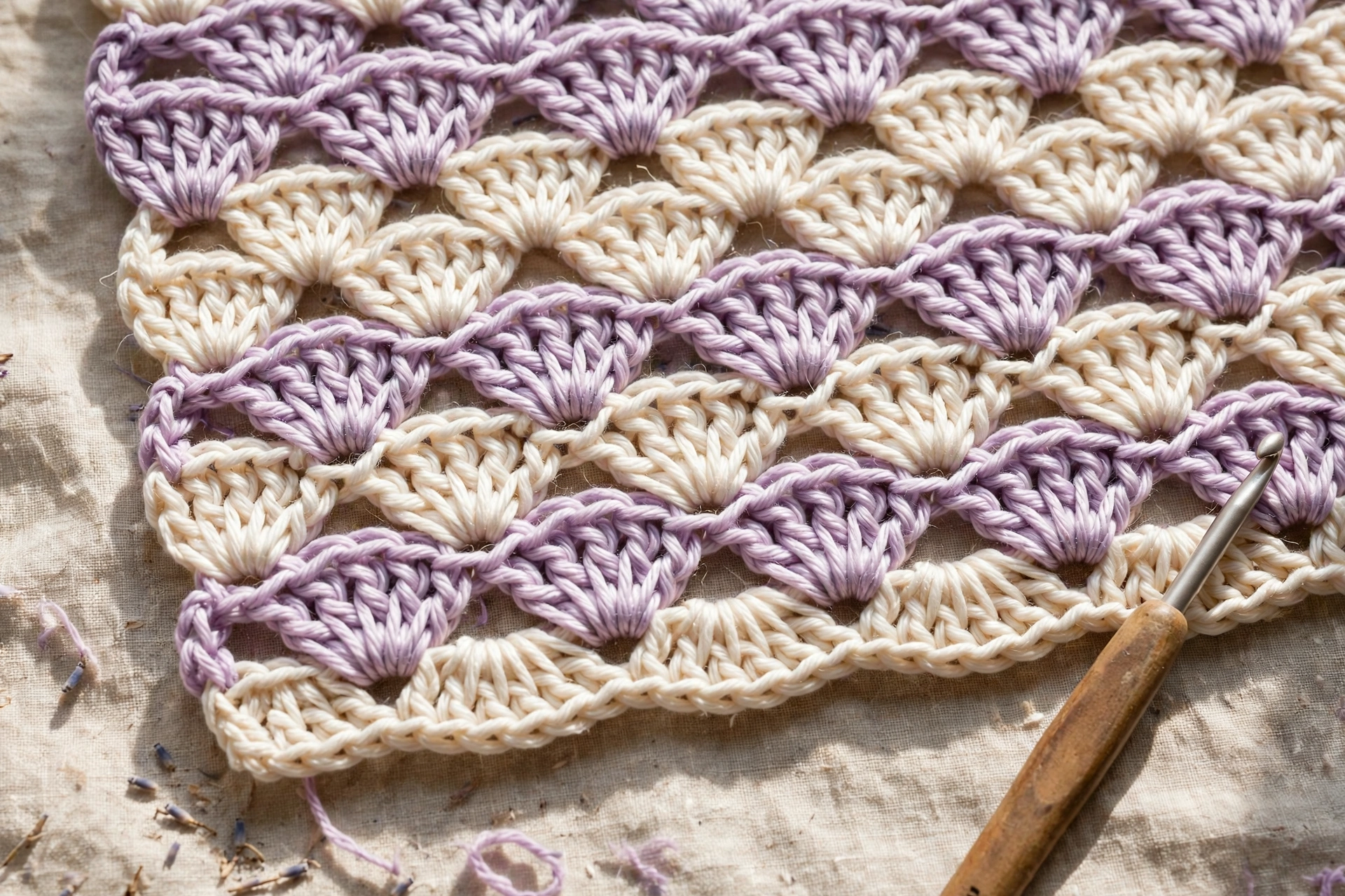 The offset row of the fan stitch crochet pattern showing fans stacking above the fans two rows below