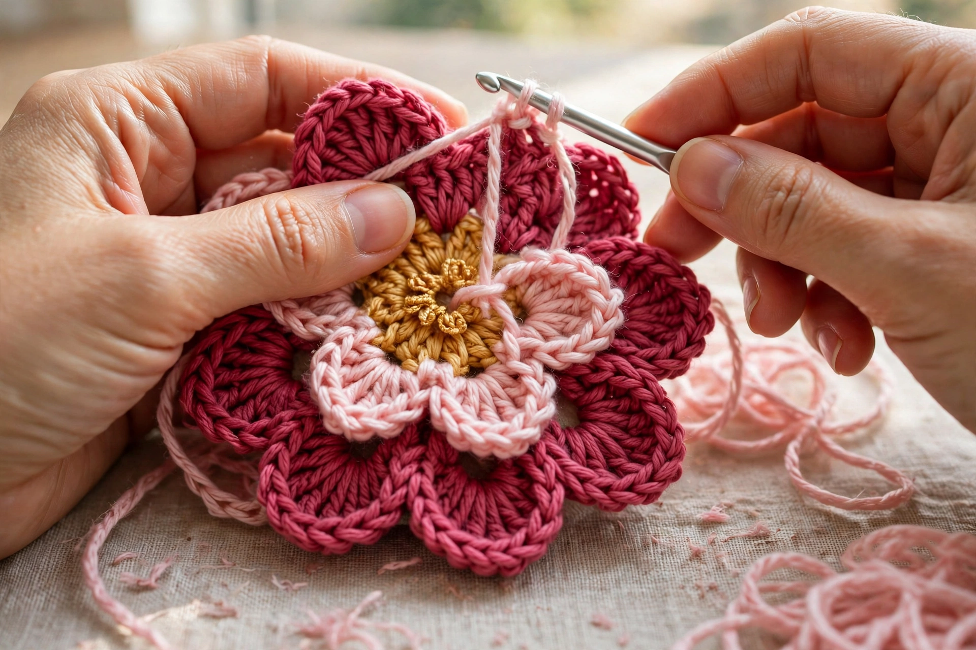 Adding twelve smaller blush front petals between the back petals of the layered 12 petal flower crochet pattern