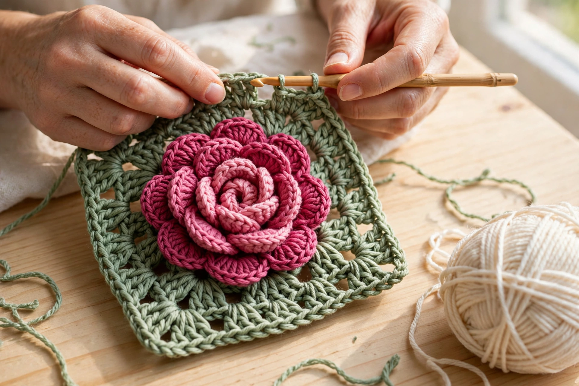 Sage green squaring round being worked around the rose in the rose square blanket crochet pattern