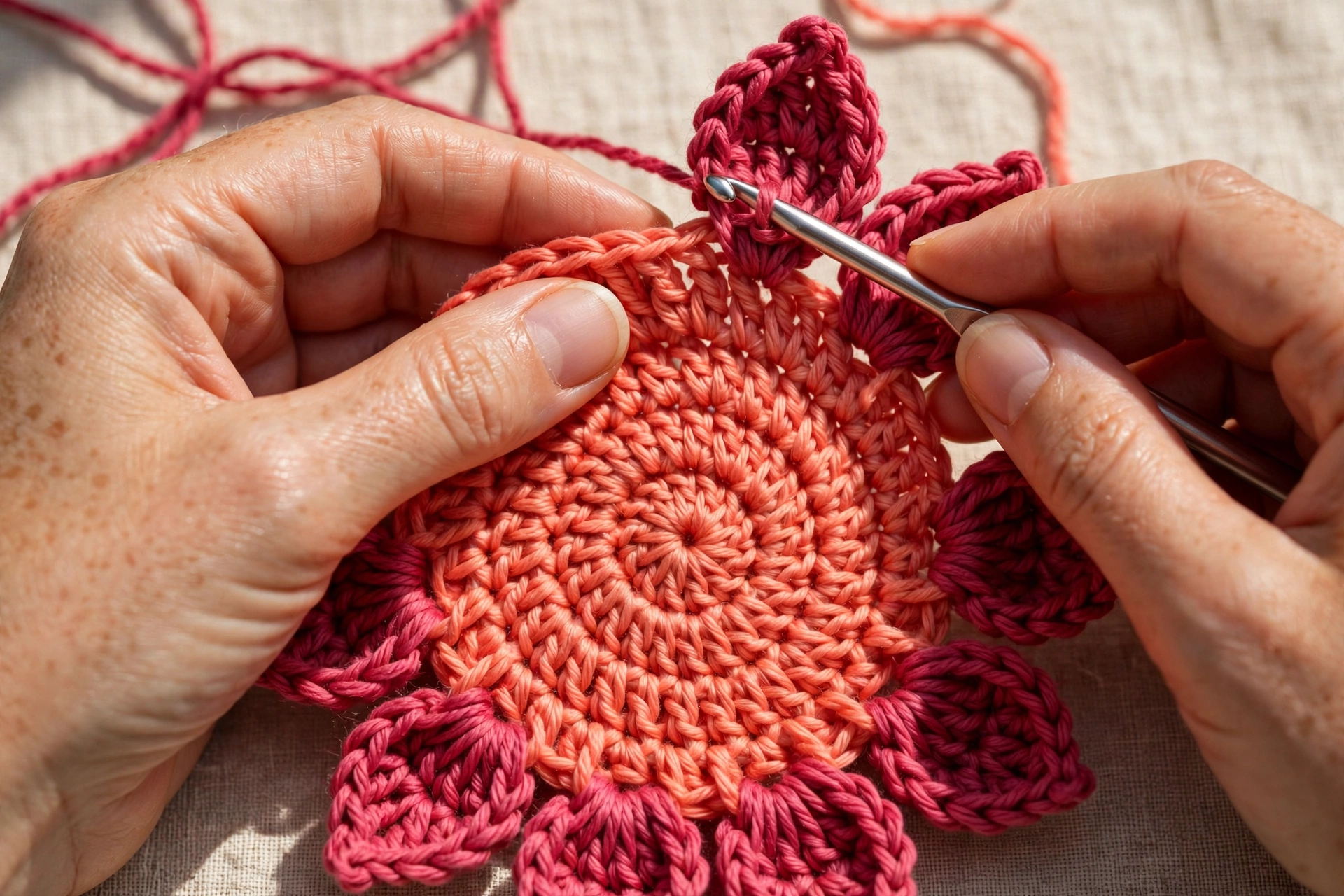 Working the first raised shell petals into the front loops in the 3D spiral flower crochet pattern