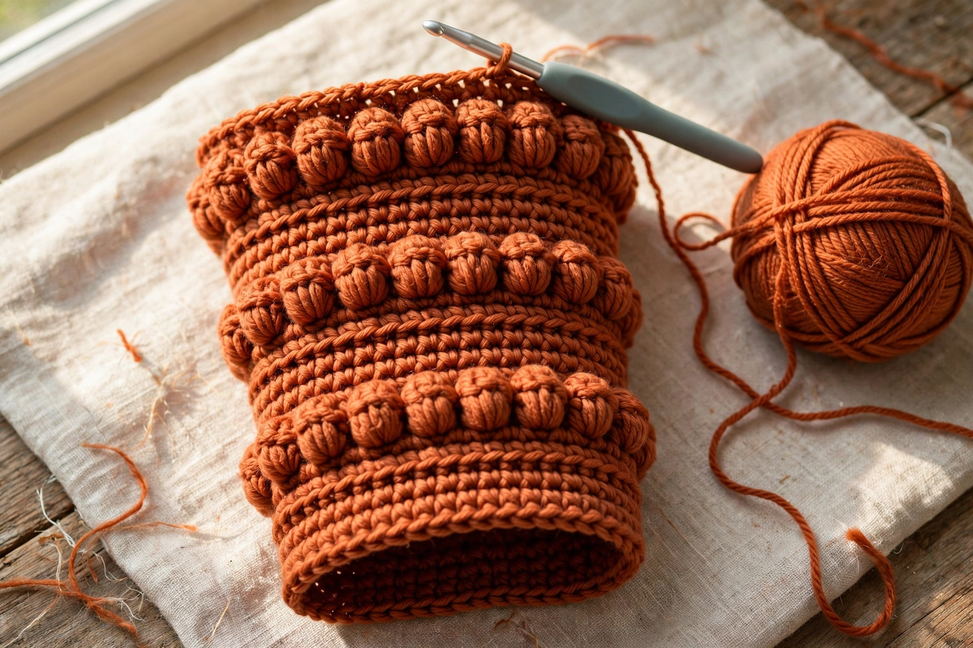 Body rounds of the puff stitch hat crochet pattern showing rows of plump puff stitches in rust yarn