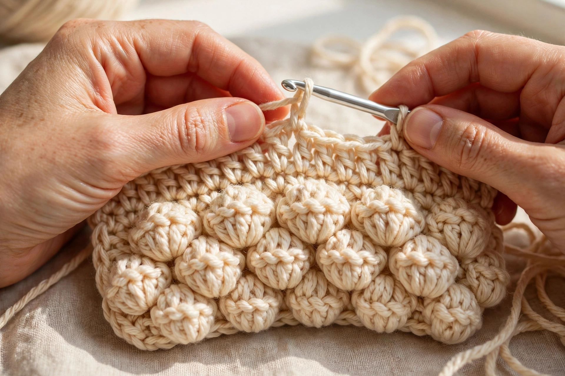 The plain single crochet return row worked over the clusters in the cosy clusters blanket crochet pattern