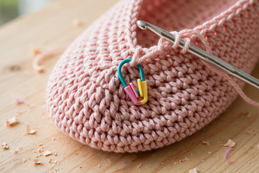Toe shaping with decreases across the front of the flower slippers crochet pattern