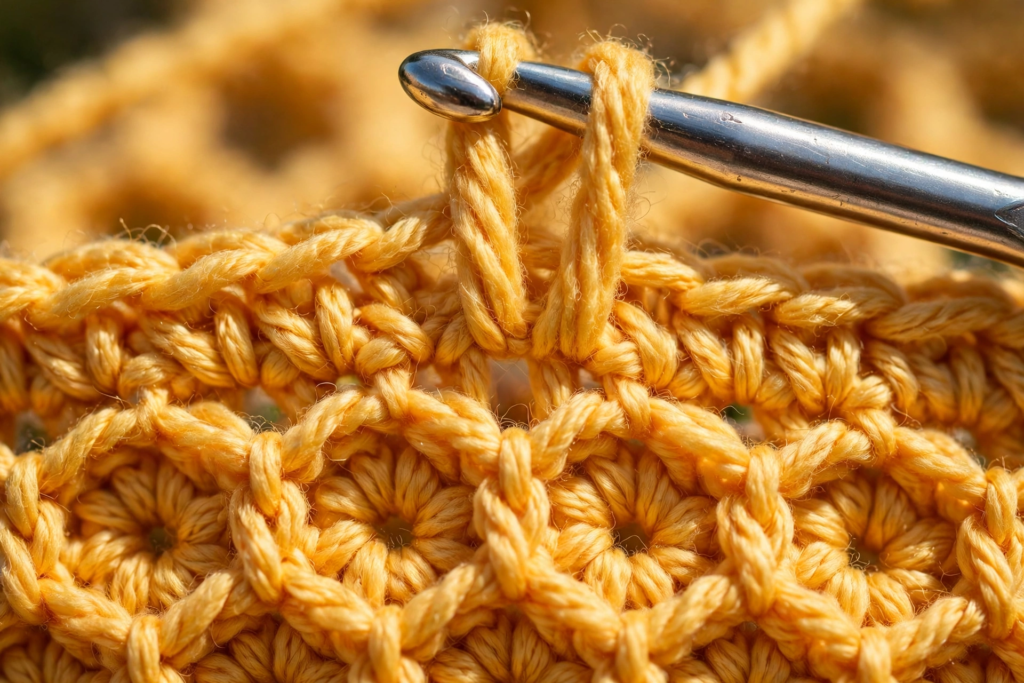 Front post treble two together closing the tops of the hexagon cells in the honeycomb stitch crochet pattern