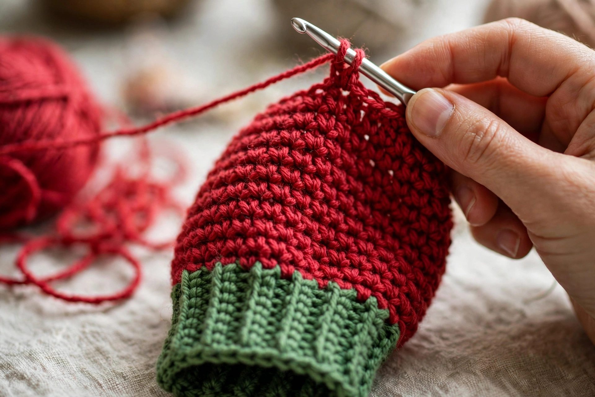 Red crochet sleeve with a green cuff for the Christmas jumper