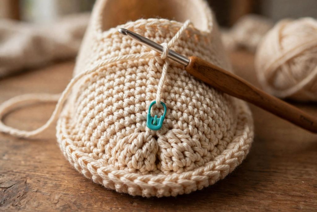 Toe shaping with decreases across the front of the braid stitch slippers crochet pattern