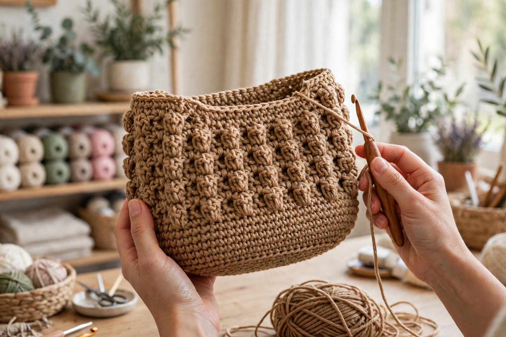 Body of the elegant crochet handbag pattern worked to half height in lemon peel stitch