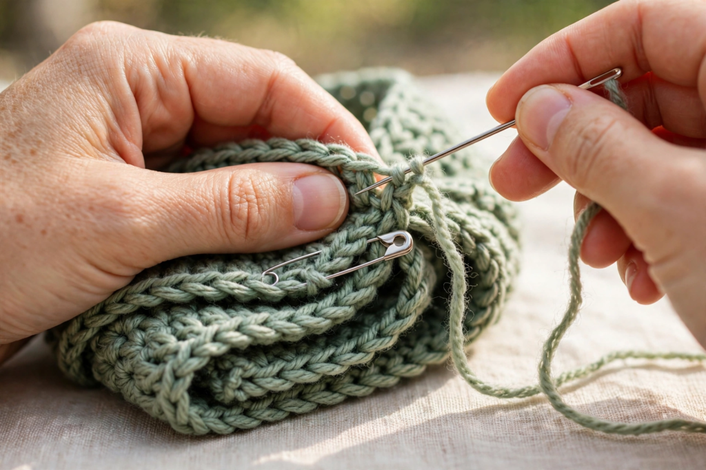 Sewing through all four layers to close the seam of the crochet headband pattern