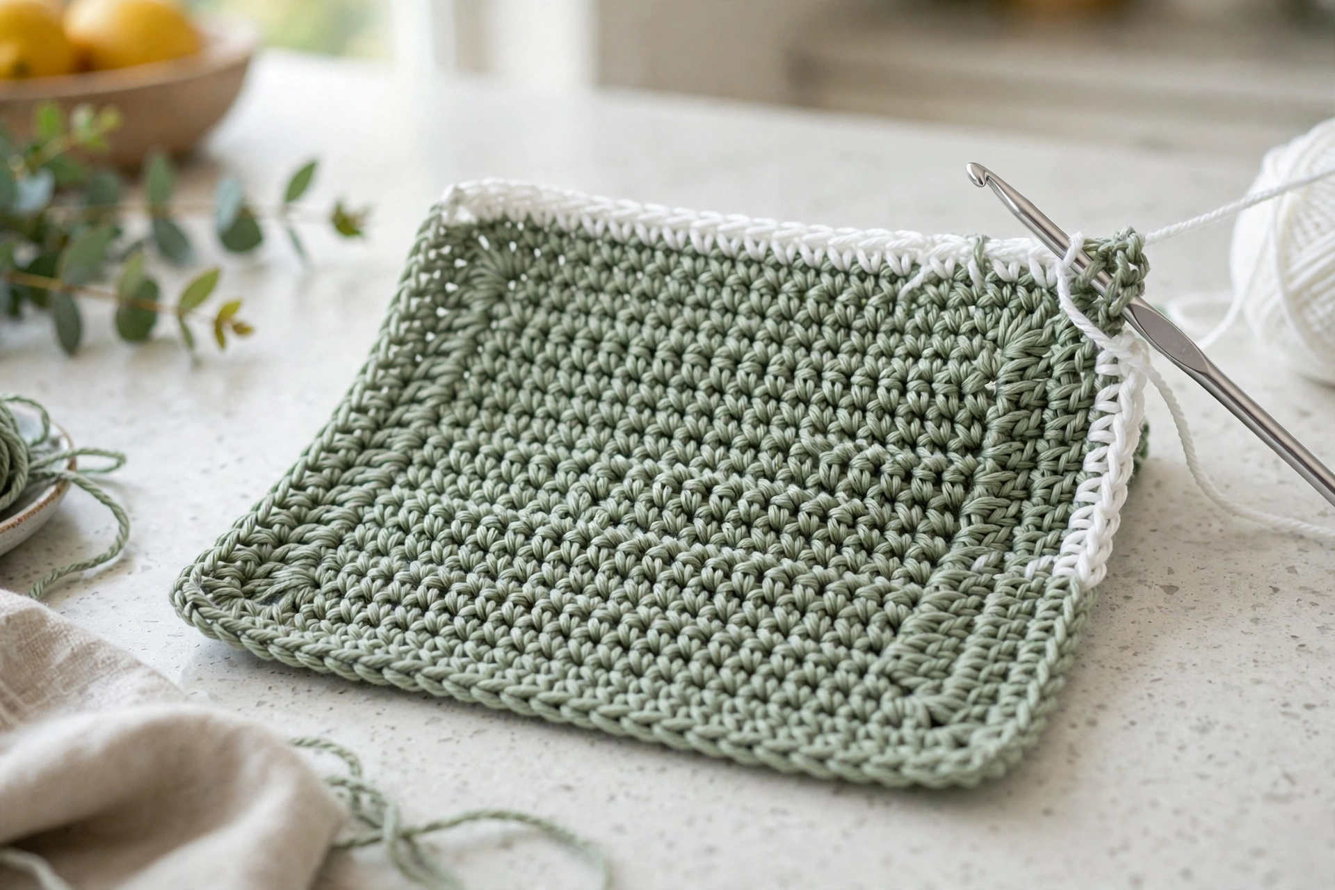 Adding the neat single crochet border round to a dishcloth from the moss stitch crochet pattern