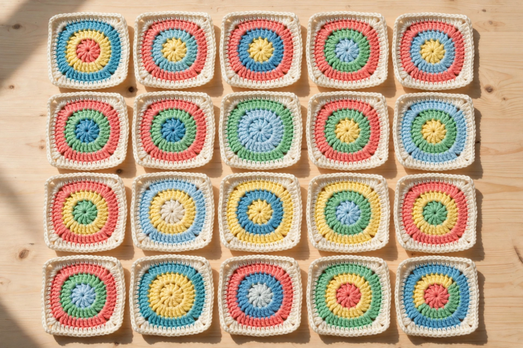 Twenty finished squares from the stripy motif crochet pattern laid out in a five by four grid