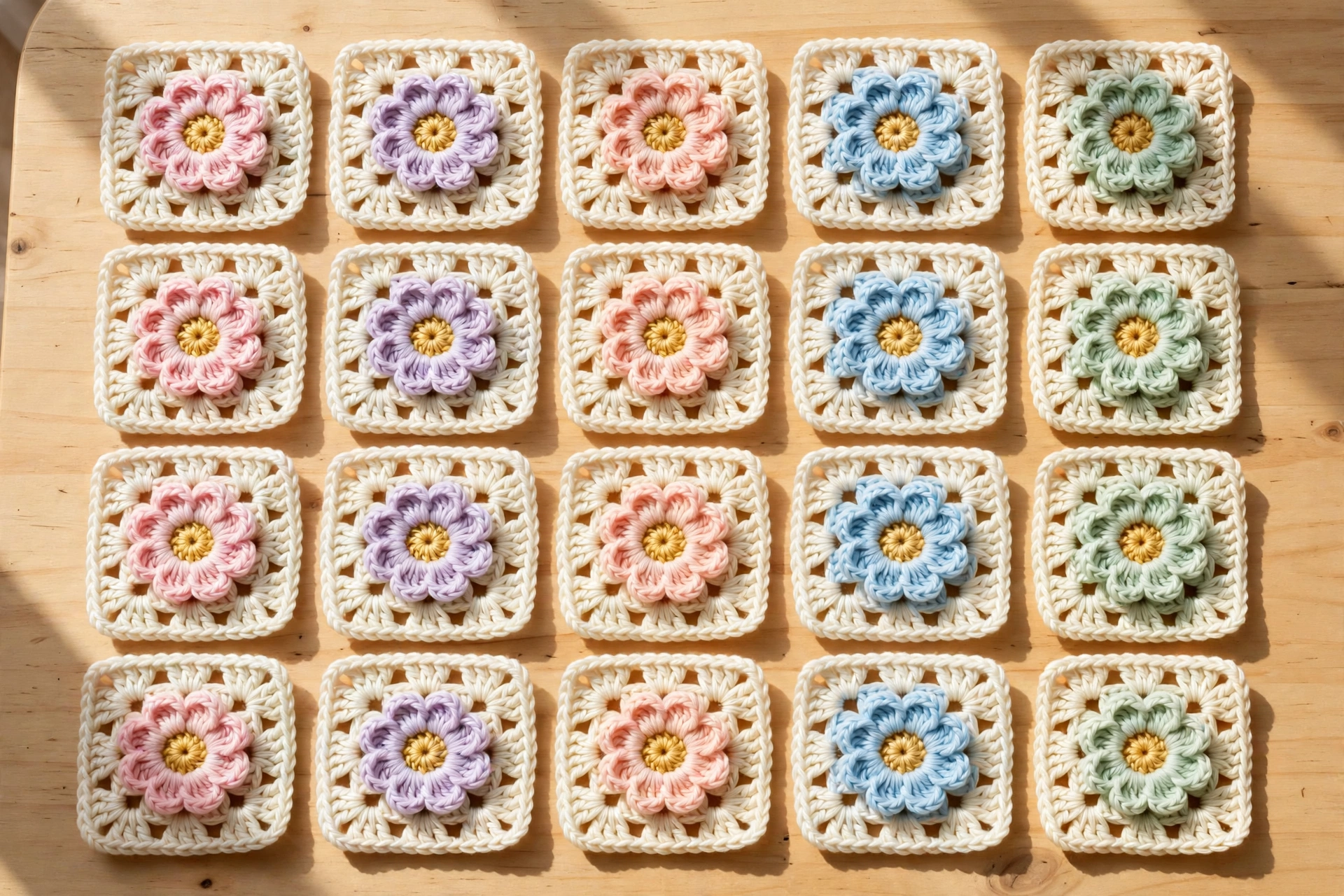 Twenty finished motifs laid out in rows for the flowers blanket crochet pattern