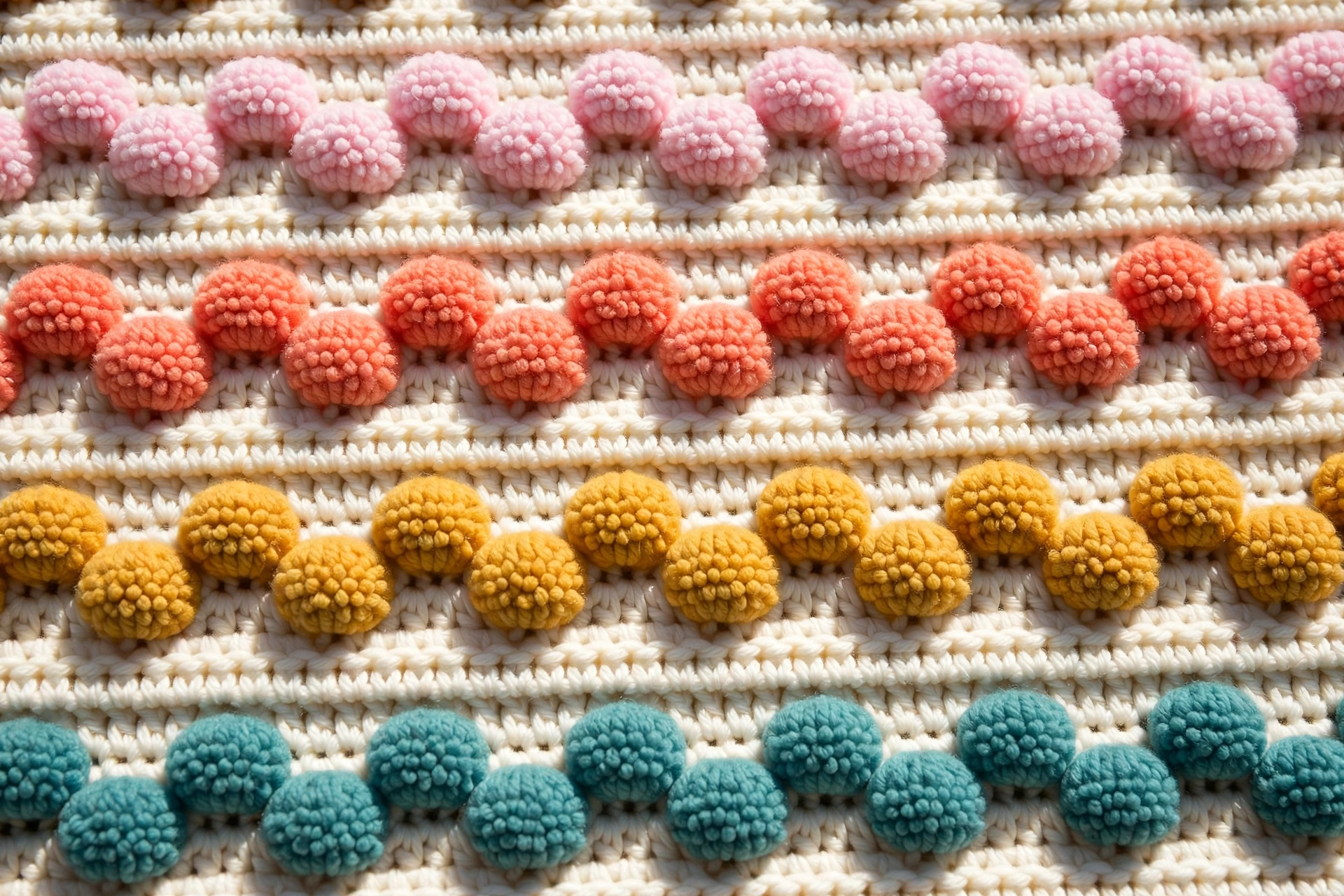 Plain single crochet rows worked between staggered pompom rows in the pompom stitch crochet pattern