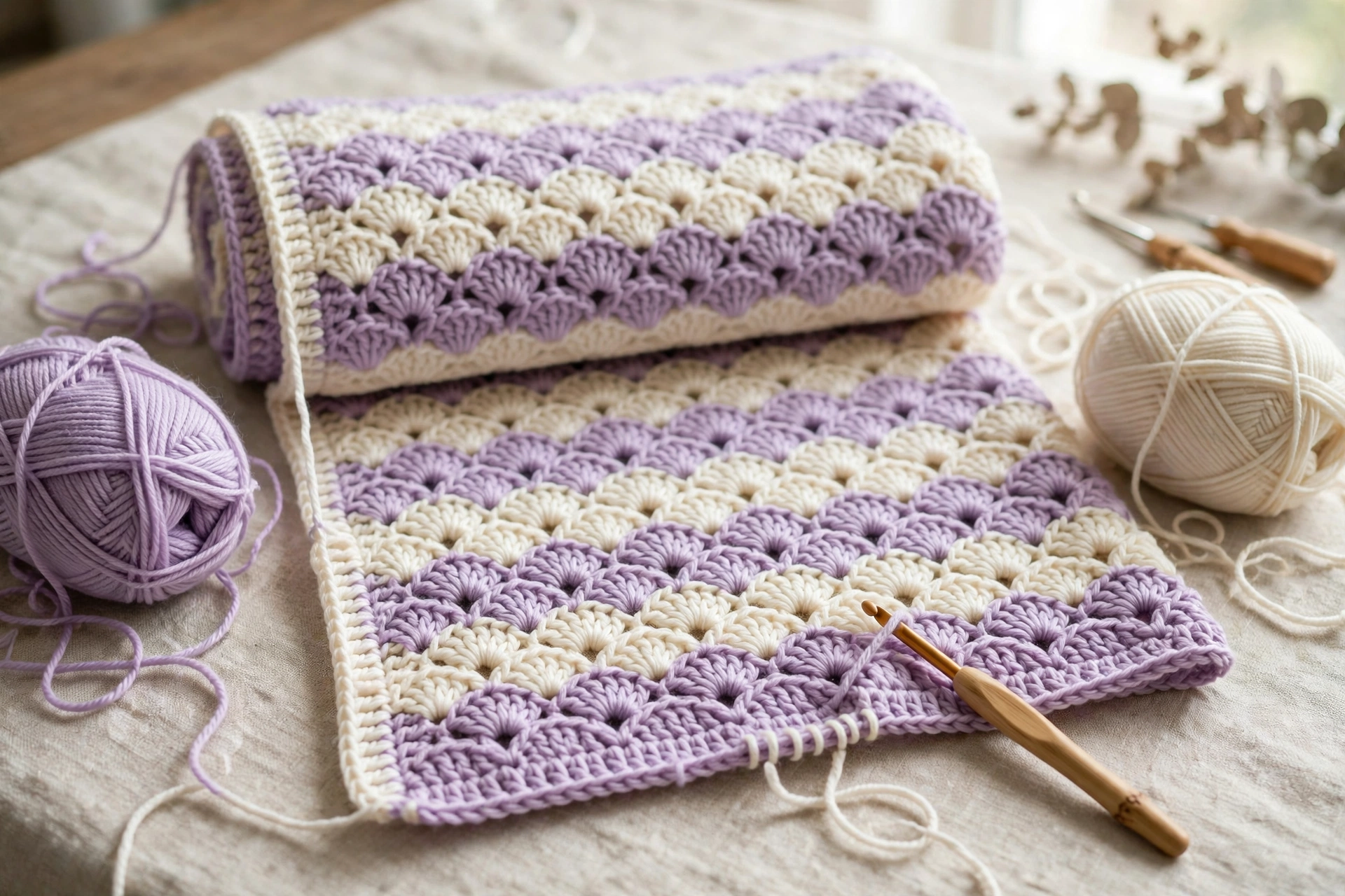 Lilac and cream stripes building up as colours change in the fan stitch crochet pattern