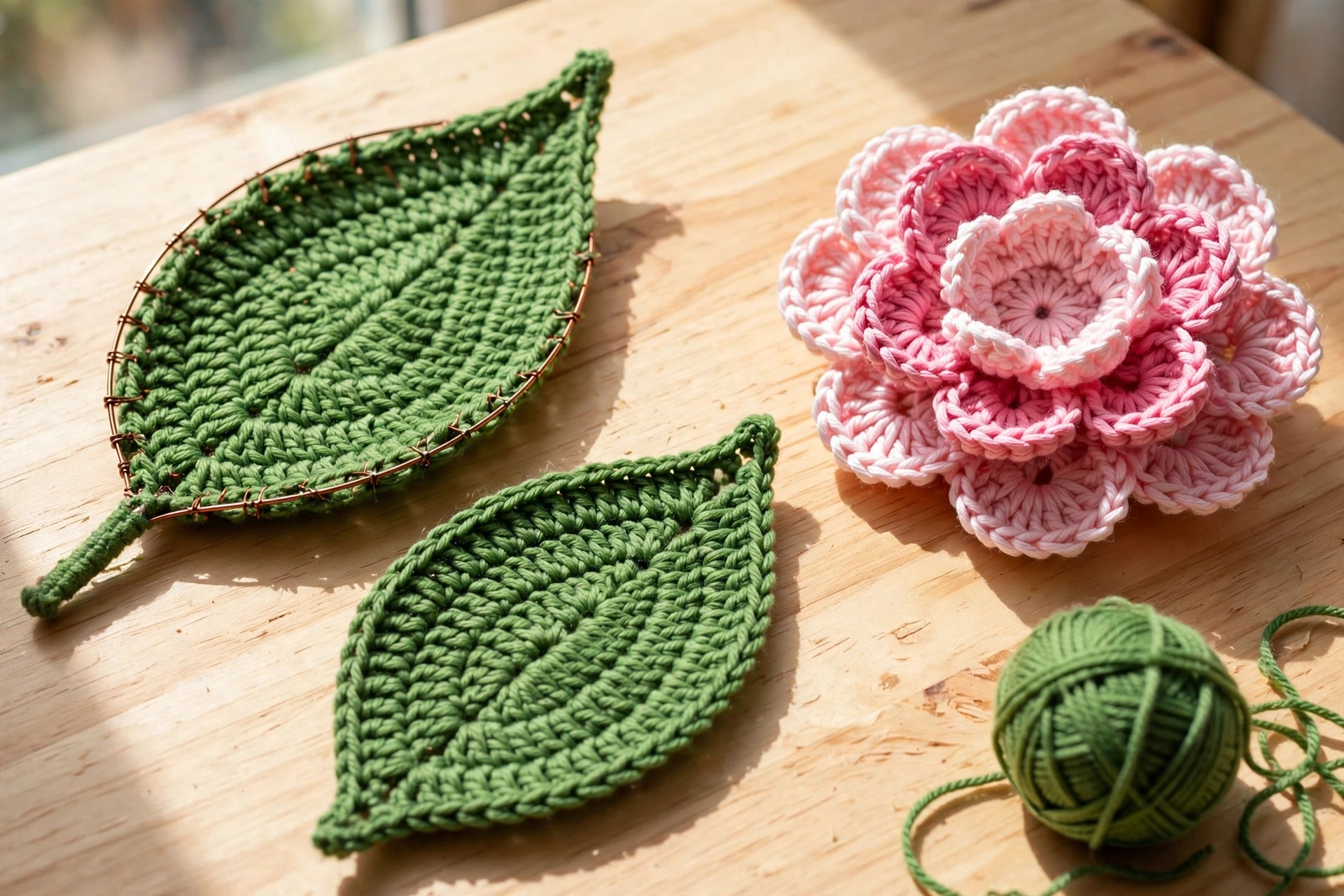 Two green crochet leaves made for the layered 12 petal flower crochet pattern