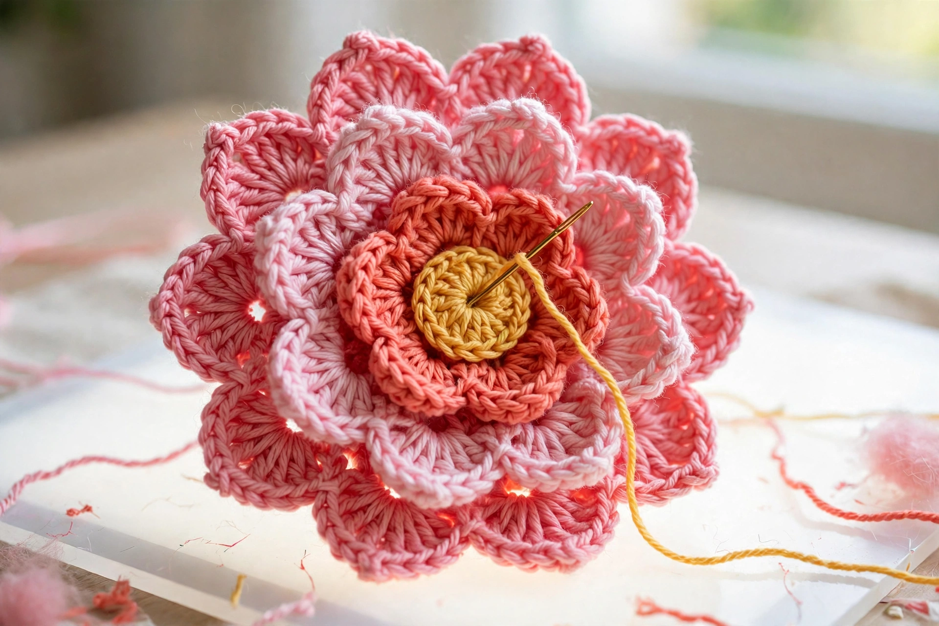 Second petal layer and golden centre shaping the 3D spiral flower crochet pattern into a raised bloom