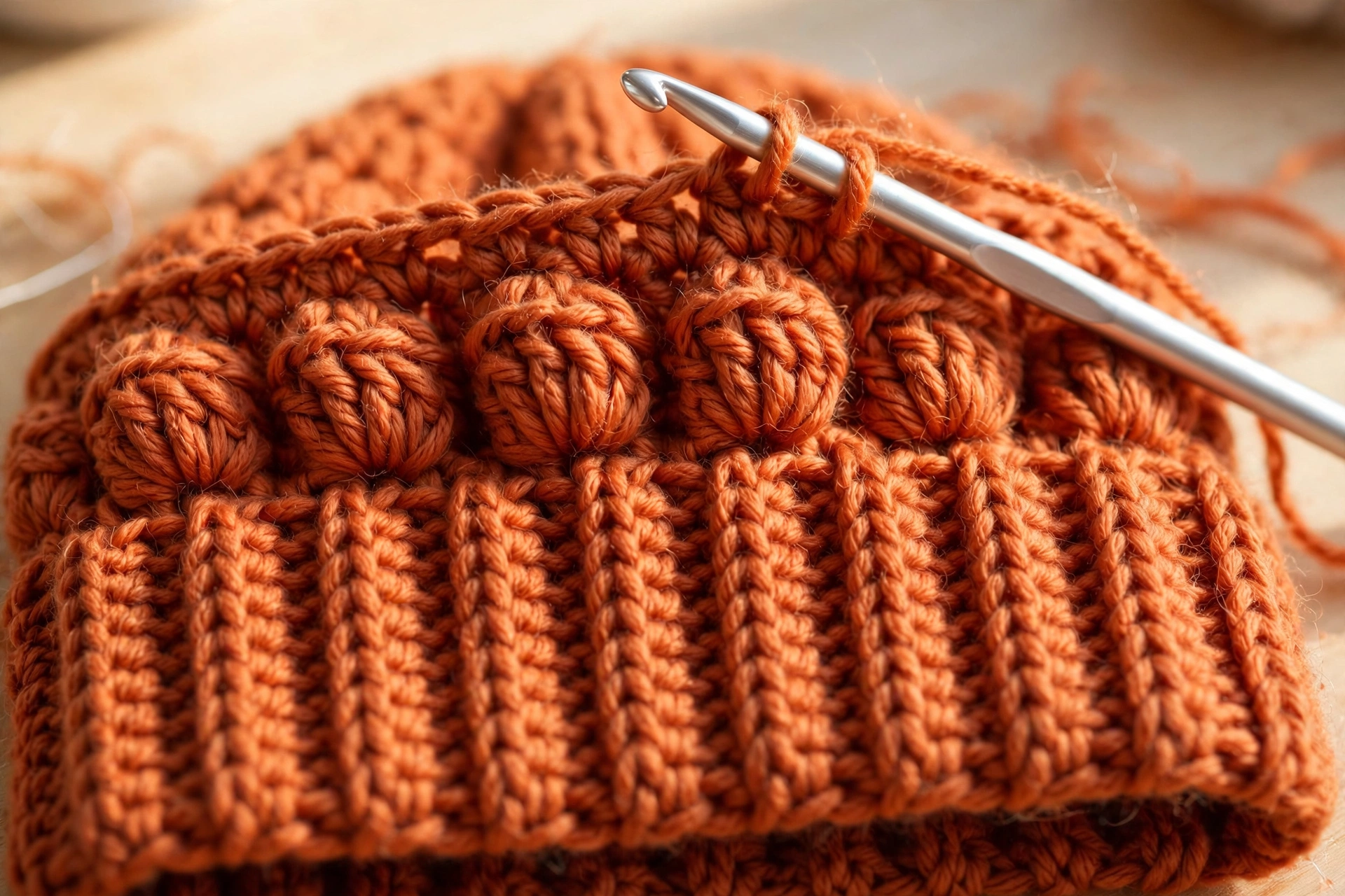 Back loop ribbed brim being worked on the puff stitch hat crochet pattern