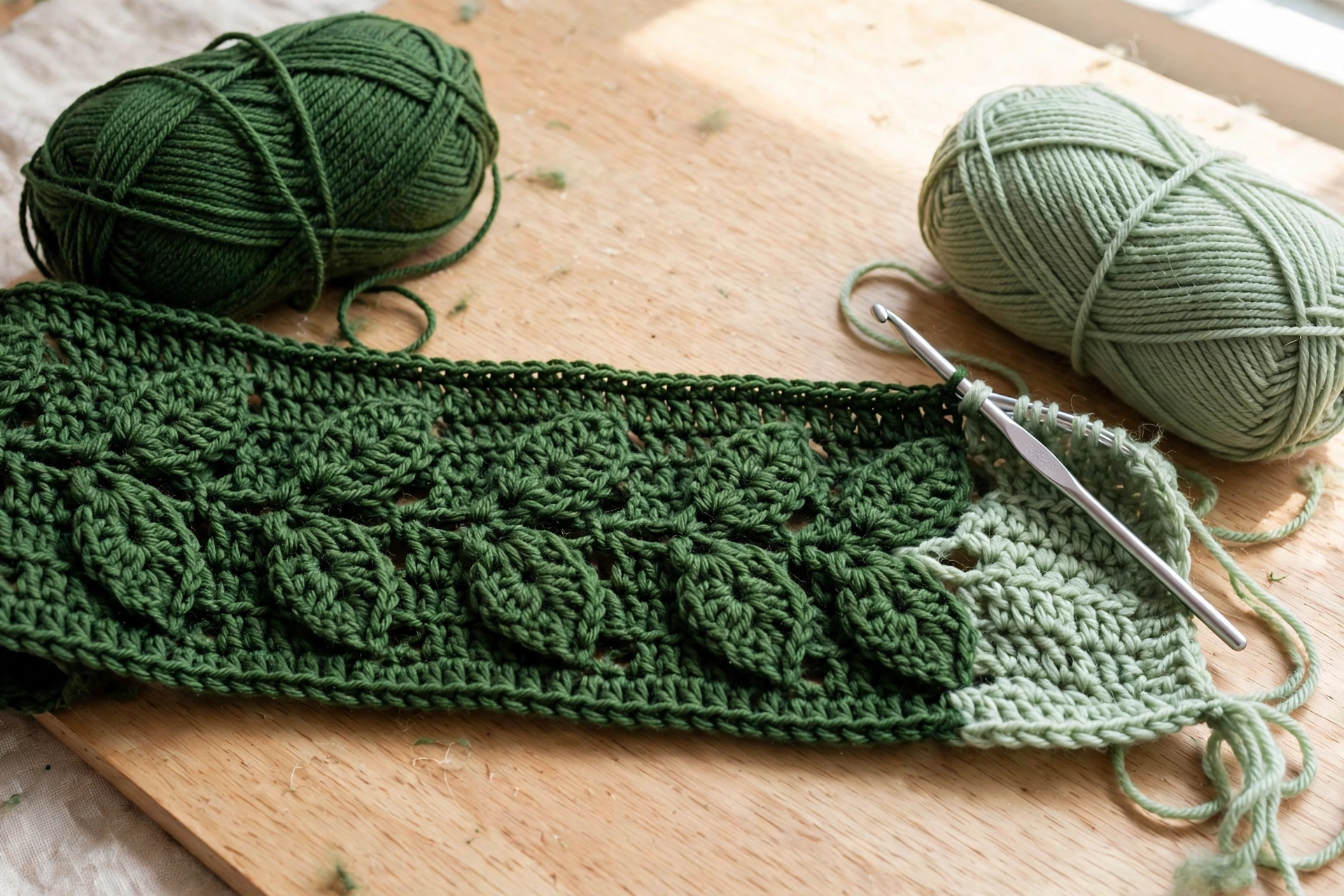 Changing from deep green to sage yarn in the leaf stitch crochet pattern scarf