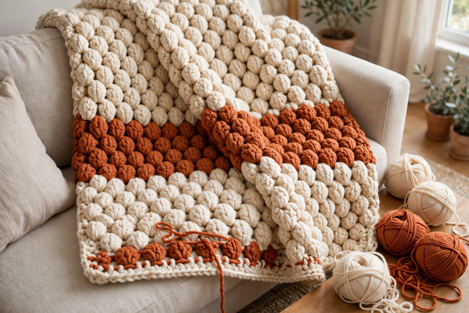 The cosy clusters blanket crochet pattern growing to full length with a wide rust stripe band