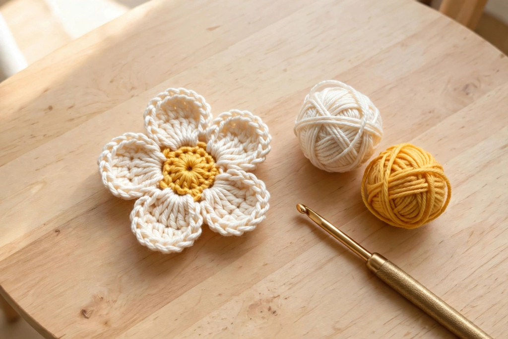 Small three-round crochet flower made for the flower slippers crochet pattern