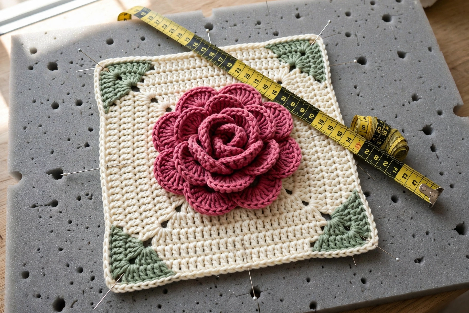 One finished square of the rose square blanket crochet pattern blocked flat and measured