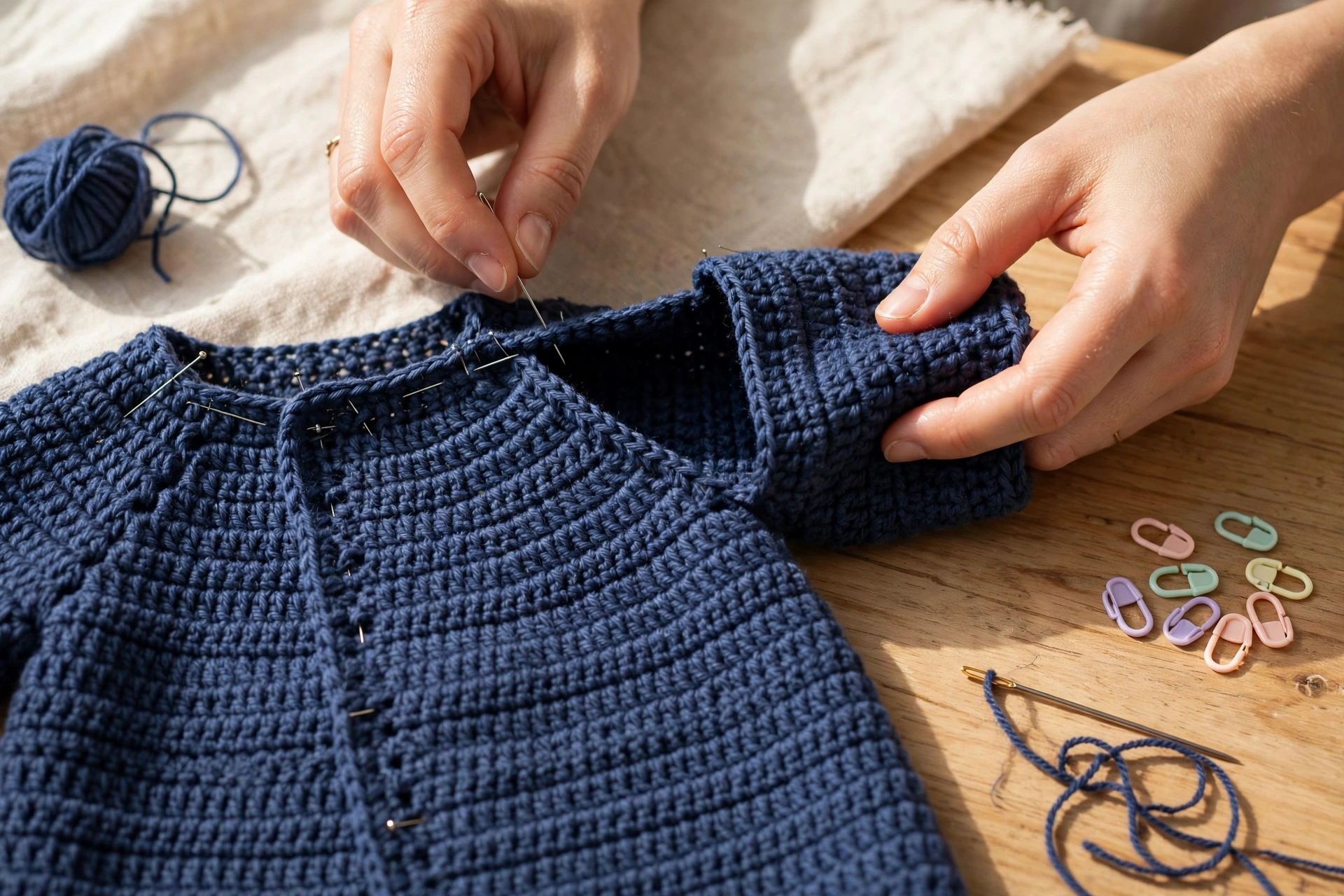 Pinning and seaming the shoulders and sleeves of the baby peacoat crochet pattern