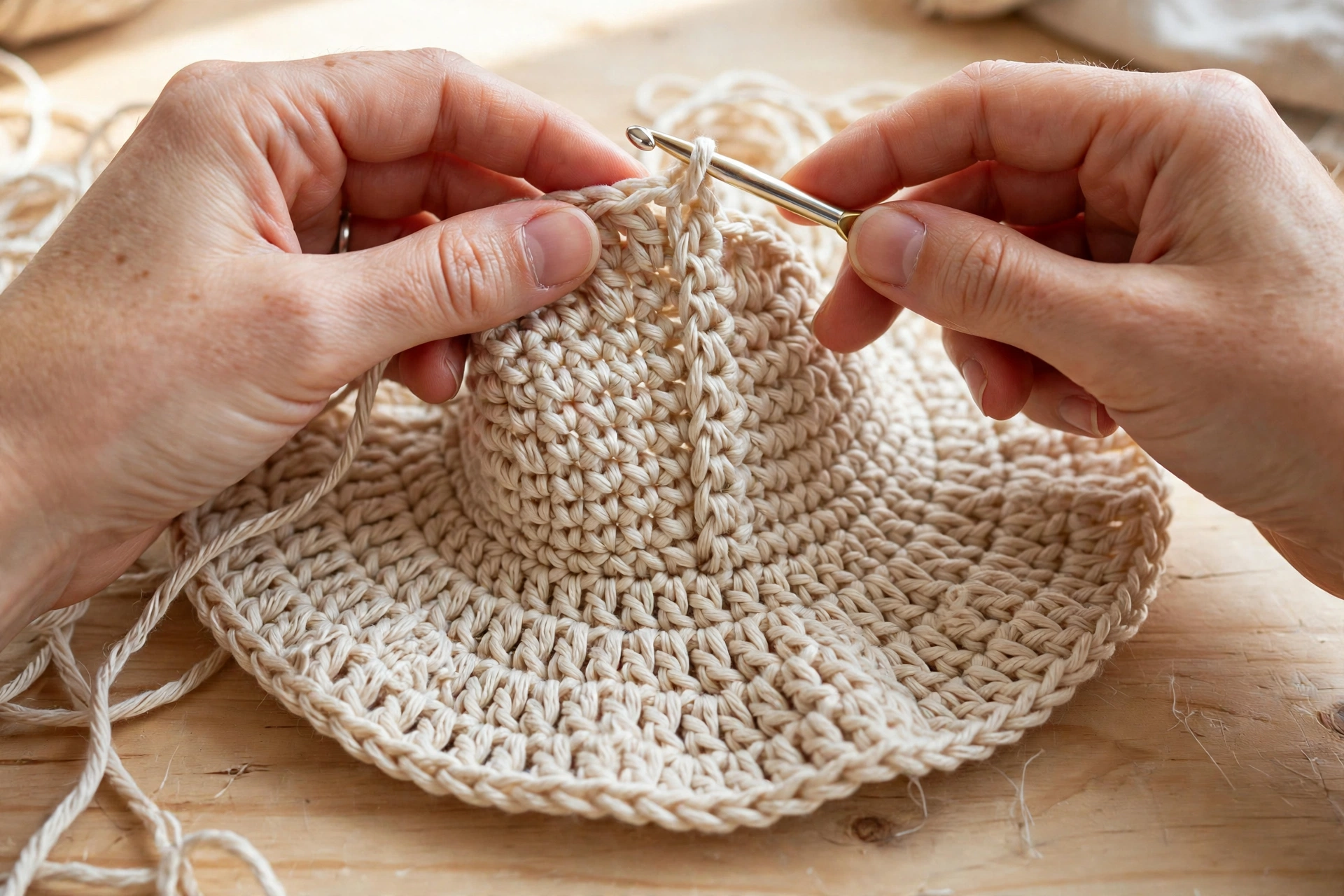 The first brim rounds flaring out in the panama hat crochet pattern