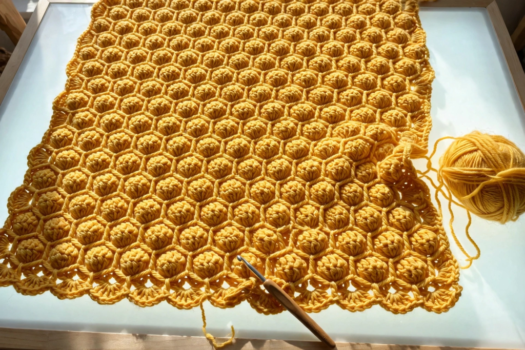 Rows of completed hexagon cells building up in the honeycomb stitch crochet pattern