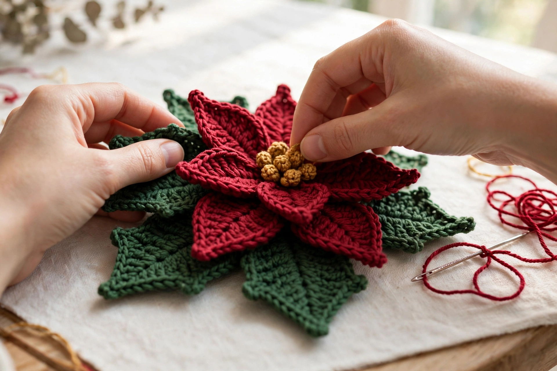Layering and sewing the petals, golden centre and leaves together in the poinsettia crochet flower pattern