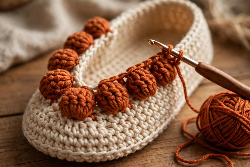 First rows of the rust puff stitch braid band in the braid stitch slippers crochet pattern