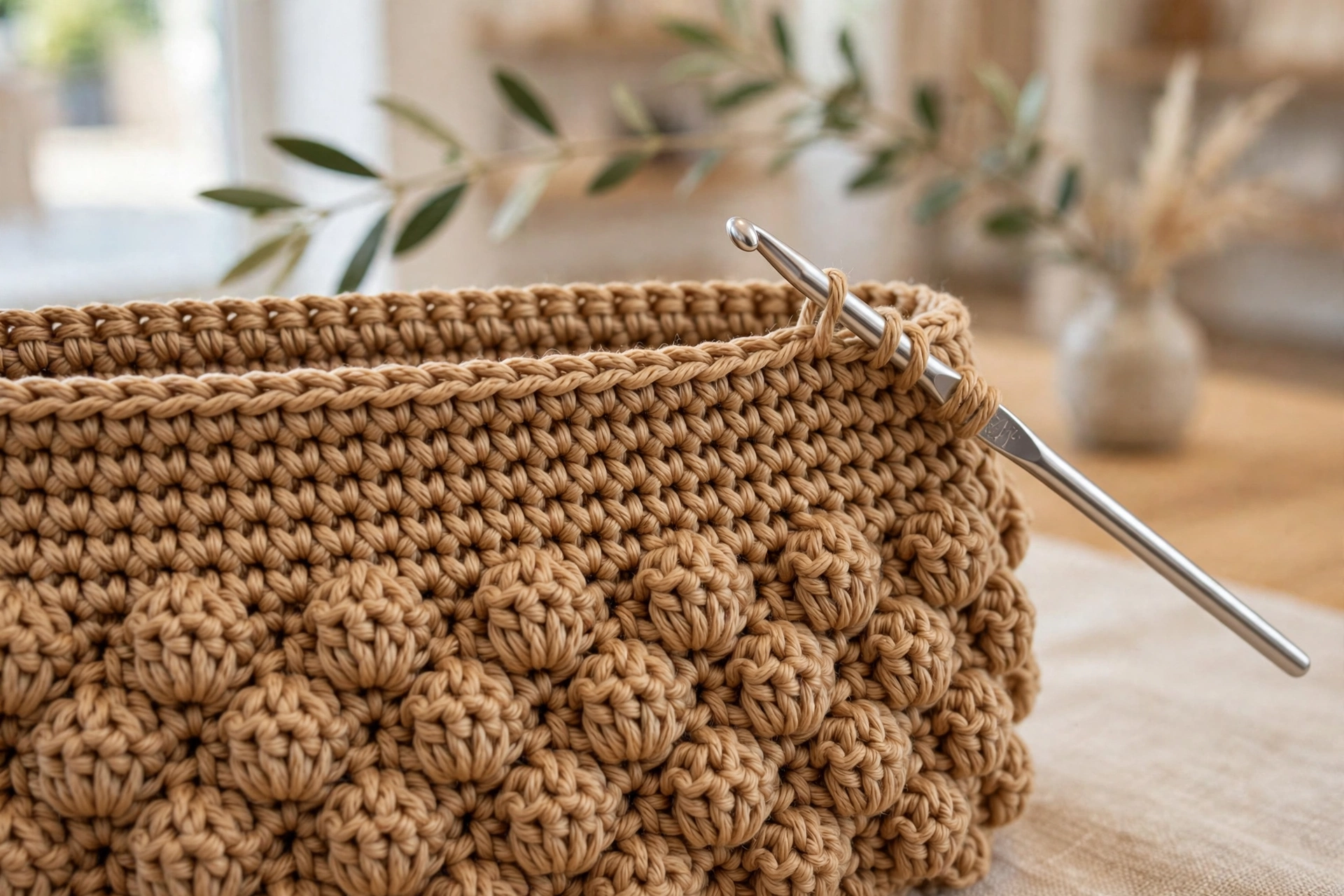 Firm single crochet top band finishing the elegant crochet handbag pattern