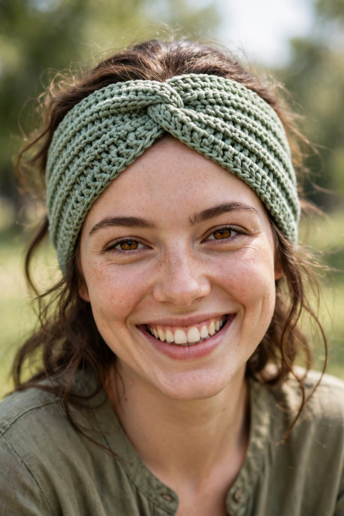 The finished crochet headband pattern checked for fit and worn with the twist centred at the front