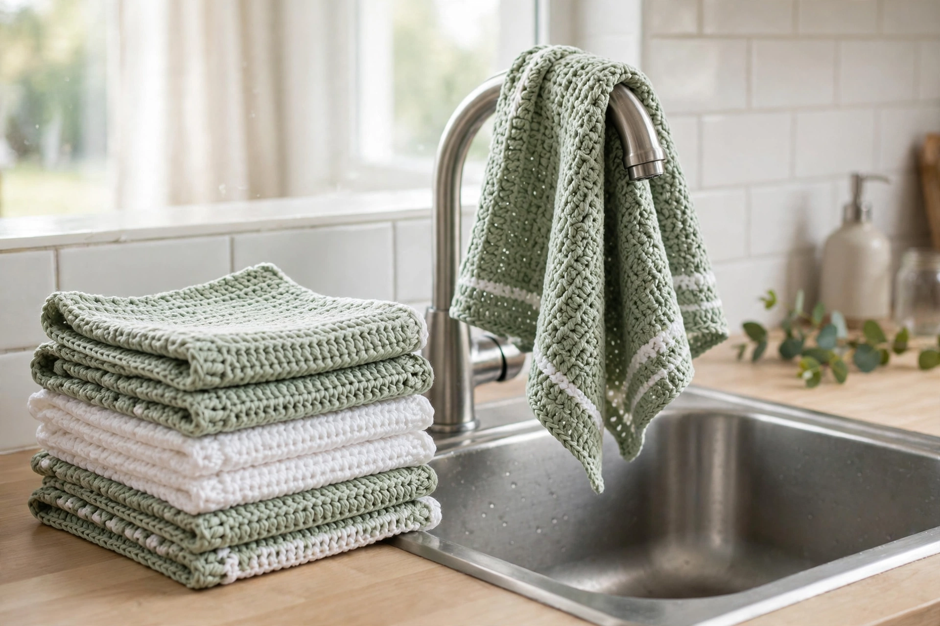 Finished dishcloths from the moss stitch crochet pattern, washed, folded and stacked by the sink