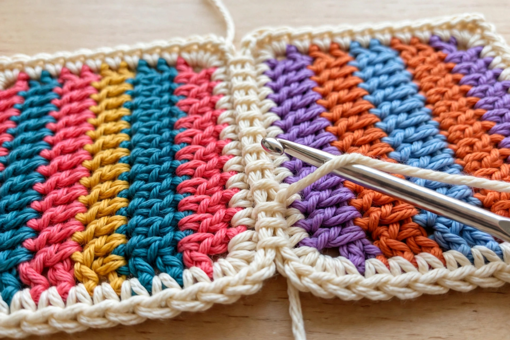 Two squares being joined with slip stitches through the back loops in the stripy motif crochet pattern