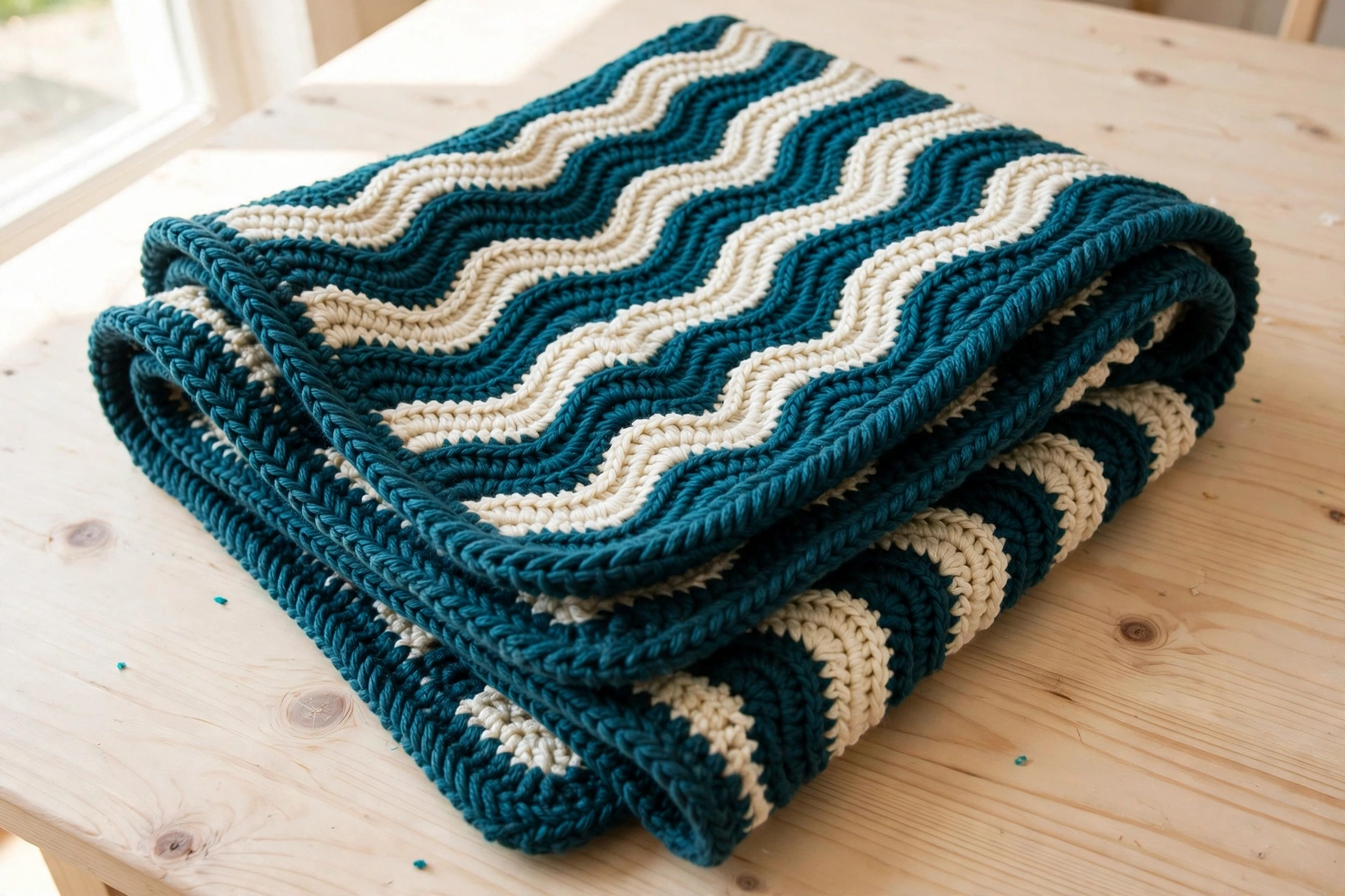 Reverse single crochet edging on the finished scarf made with the serpentine stitch crochet pattern