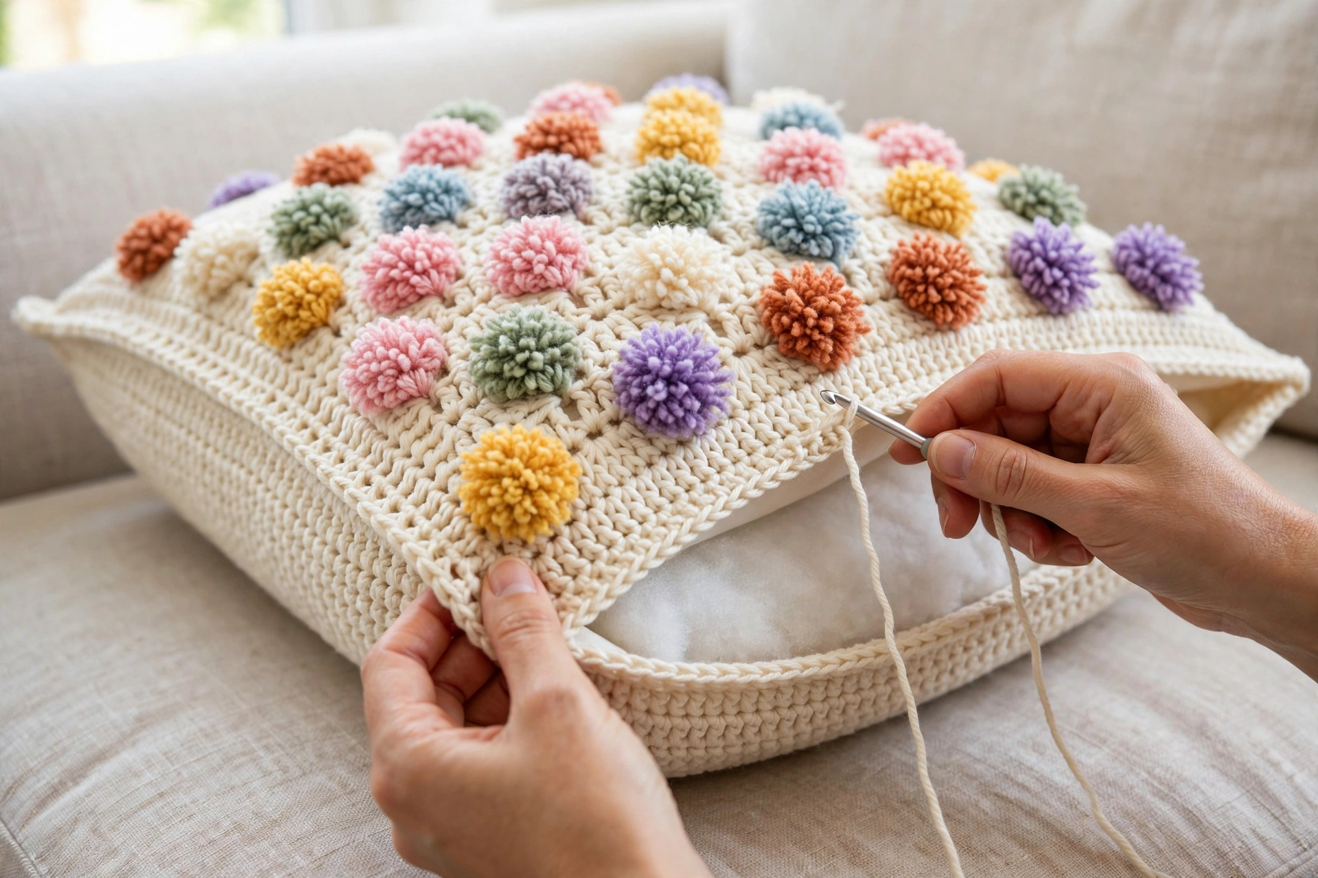 Joining the cushion front and plain back panel to finish the pompom stitch crochet pattern cushion