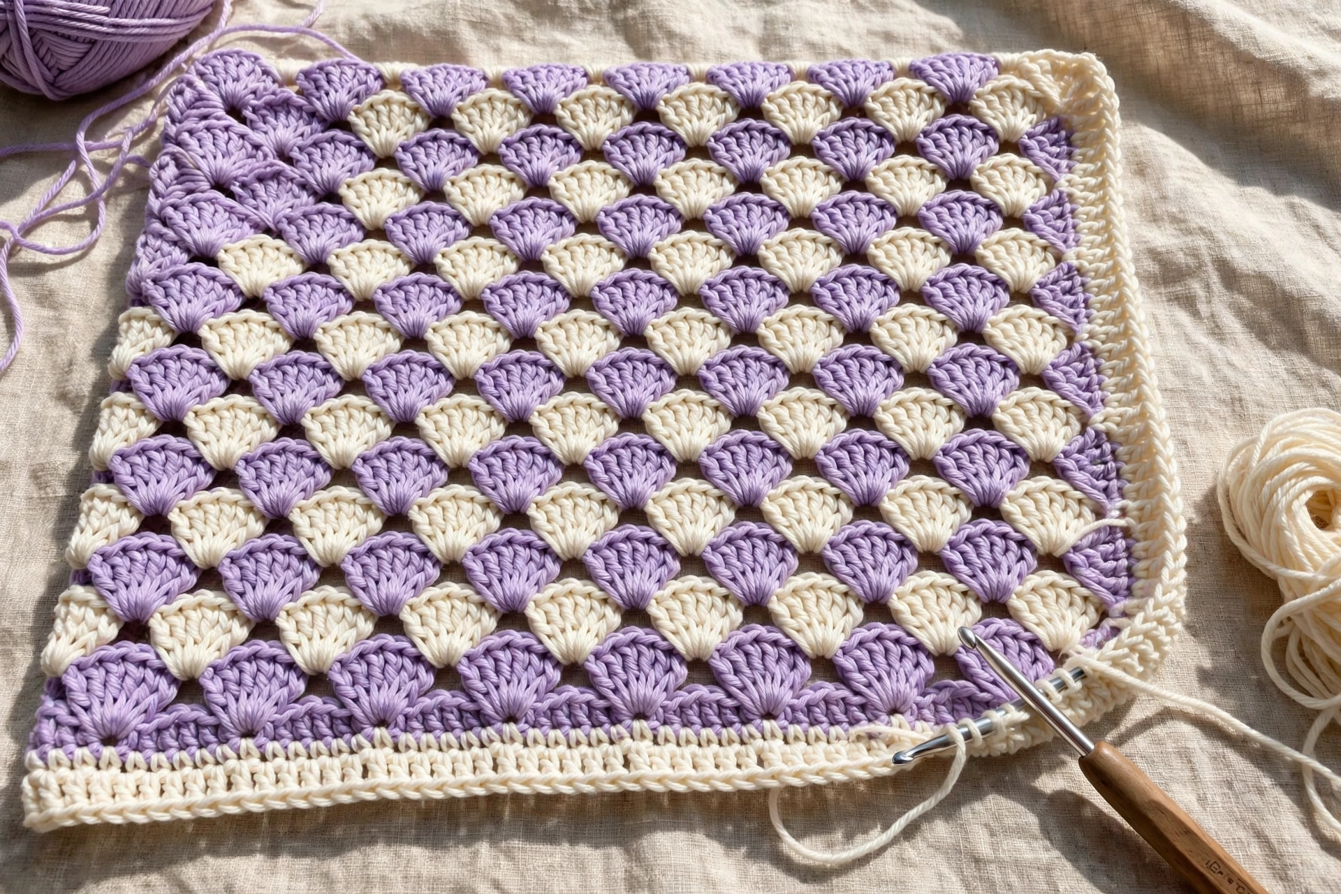 Border rounds being worked around the finished fan stitch crochet pattern baby blanket