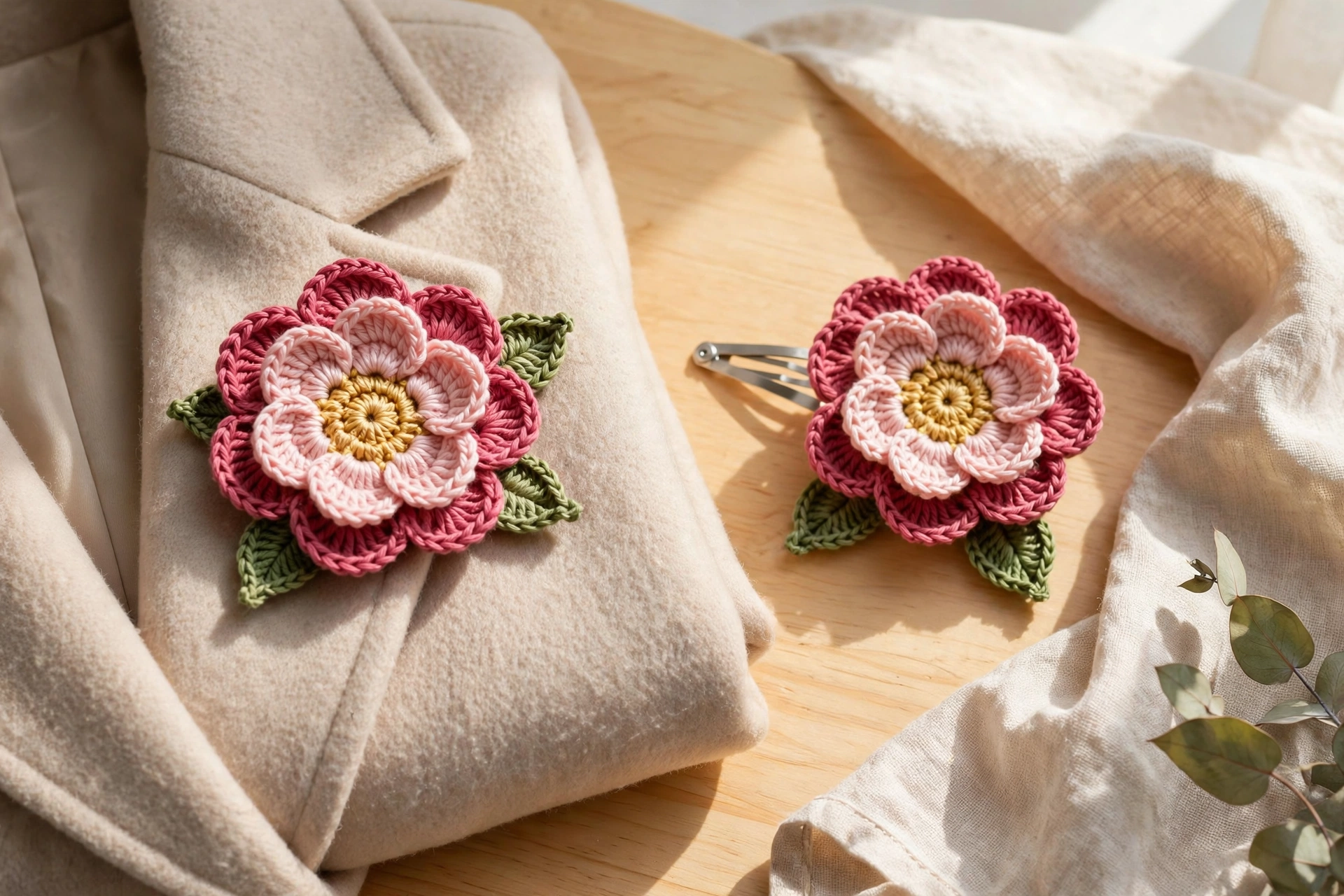 Finished flowers from the layered 12 petal flower crochet pattern used as a brooch and a hair clip
