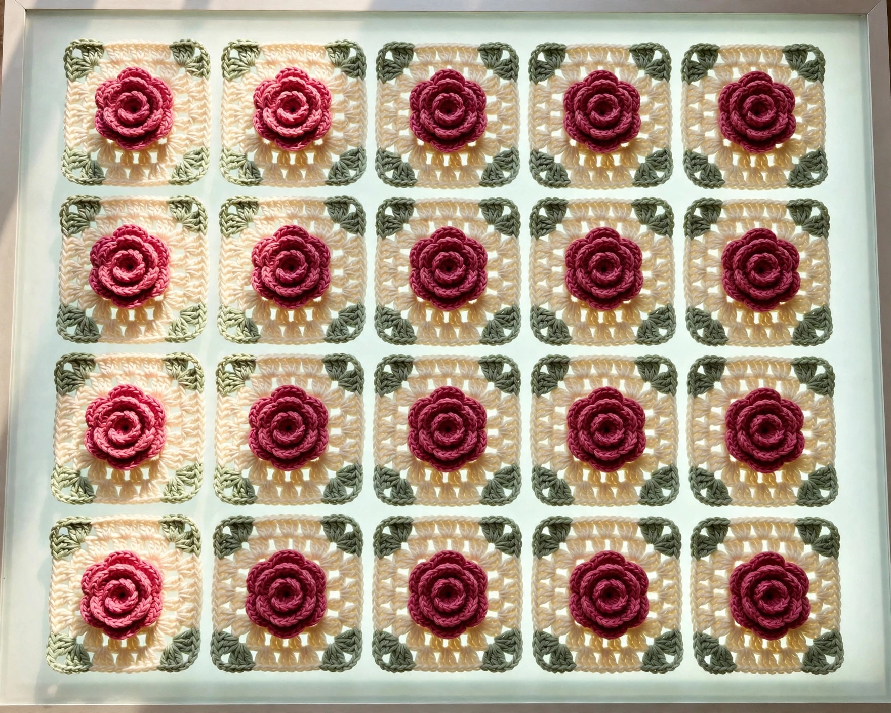 Twenty finished squares laid out in rows for the rose square blanket crochet pattern