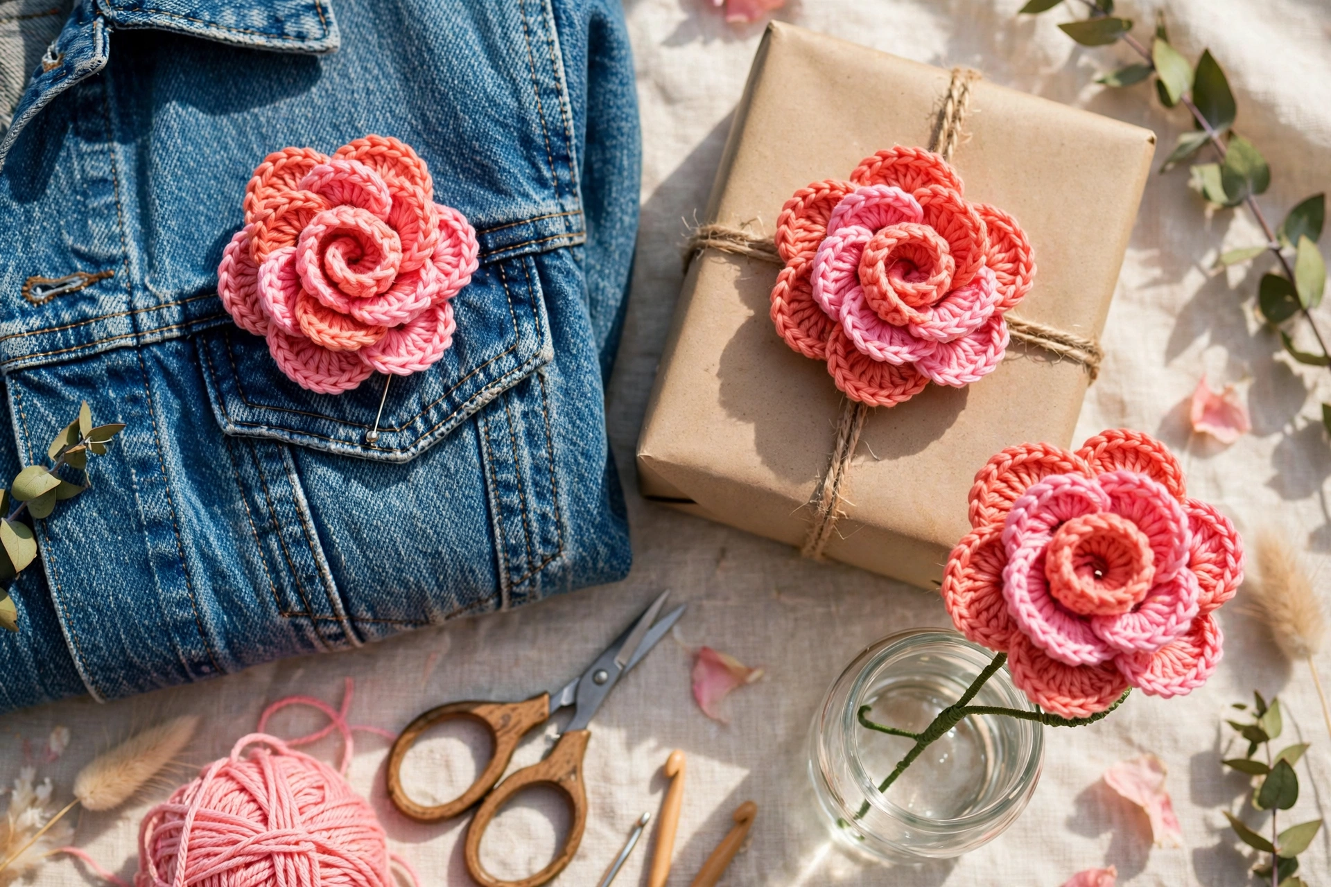 Finished flowers from the 3D spiral flower crochet pattern shown as a brooch, a gift topper and a stemmed flower in a vase