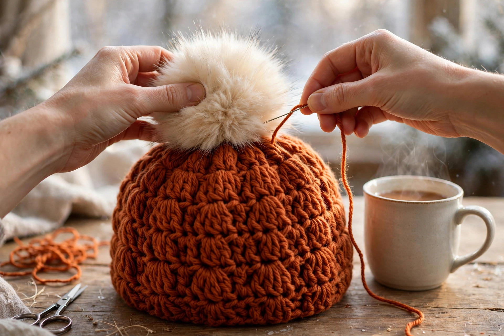 Attaching a cream faux fur pompom to the finished puff stitch hat crochet pattern