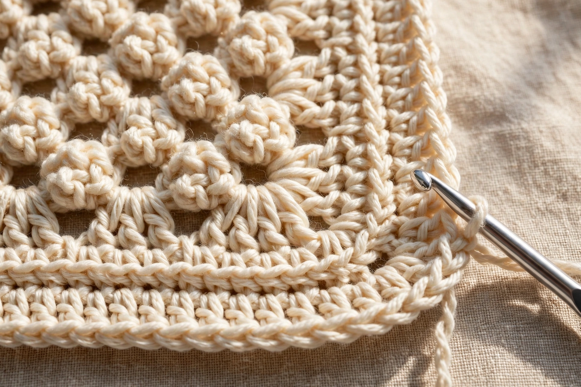 Working the neat border rounds around the edge of the cosy clusters blanket crochet pattern
