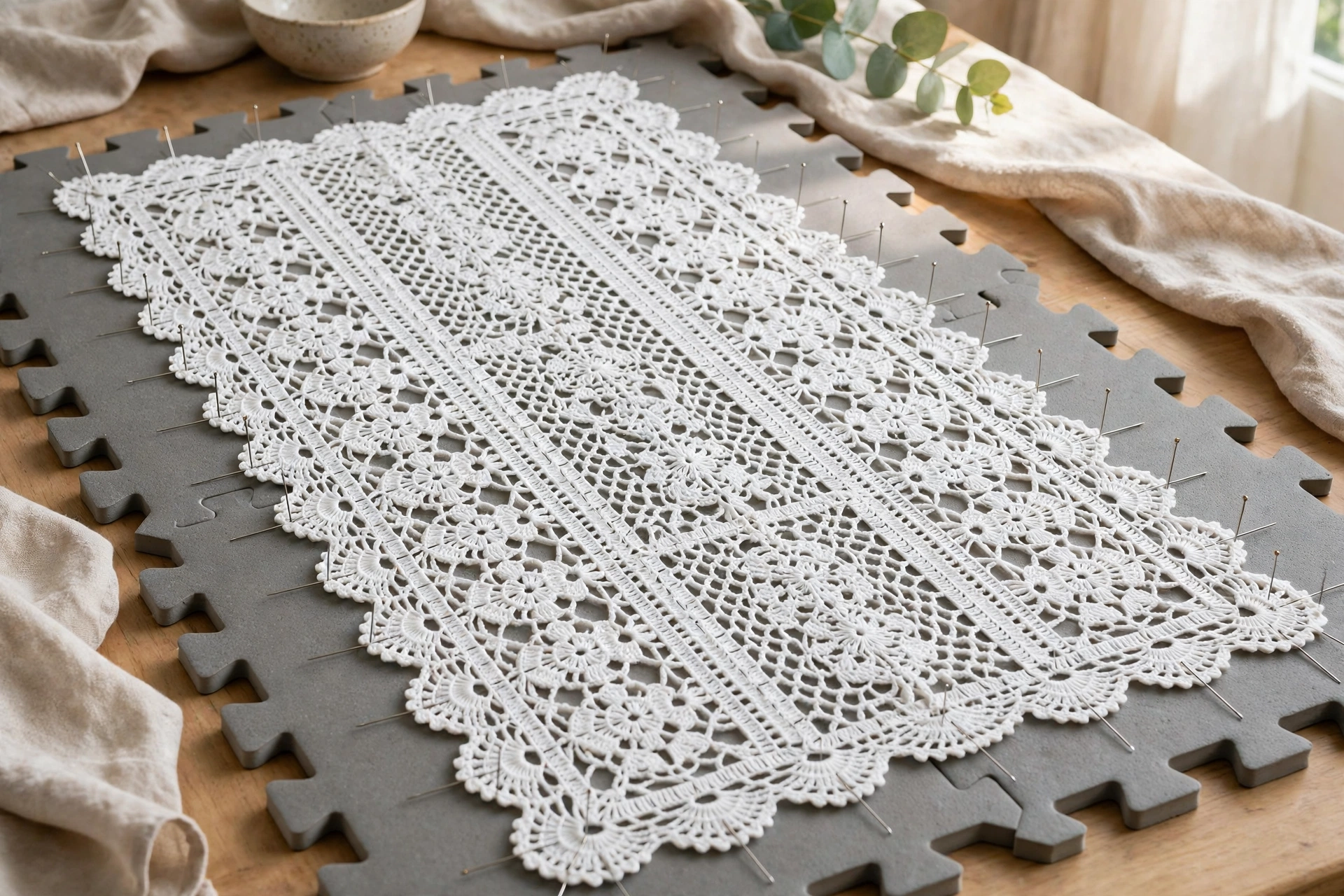 Blocking the finished runner from the tape lace crochet pattern on foam mats