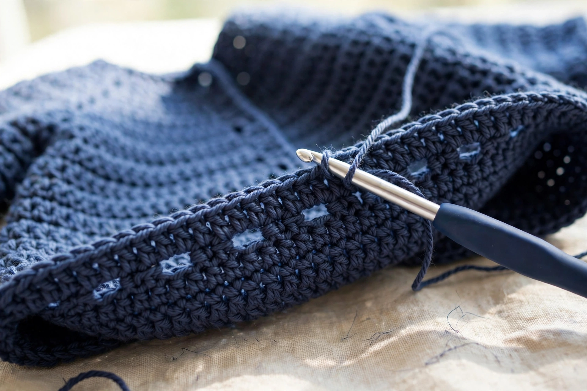 Working the button band with buttonholes along the front edge of the baby peacoat crochet pattern