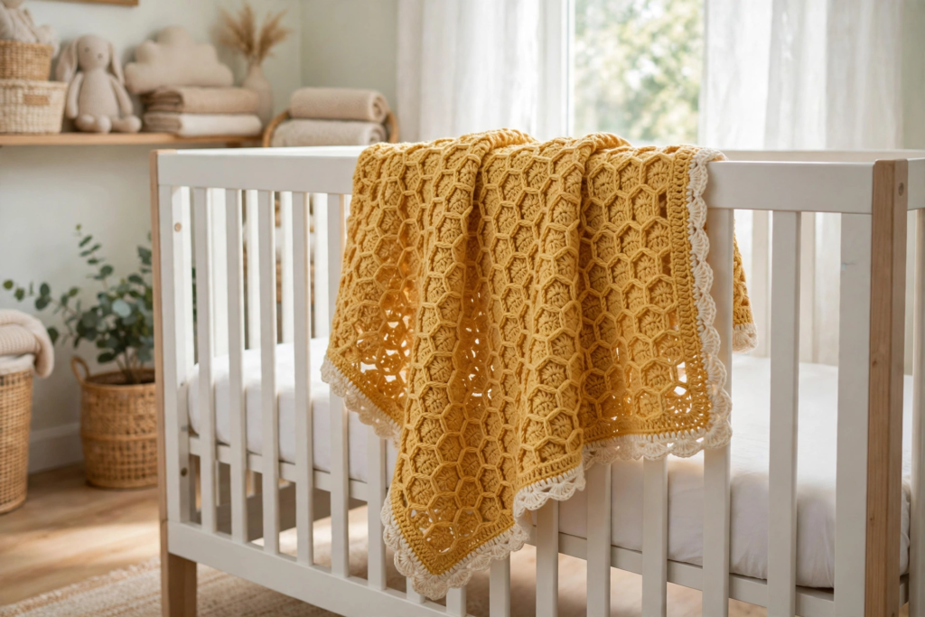 Finished honeycomb stitch crochet pattern blanket with a cream border draped over a crib